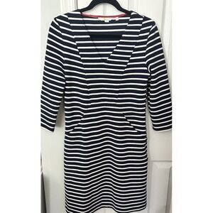 Boden Ellen V-Neck Ottoman Blue White Striped Shift Dress 10R Nautical Teacher